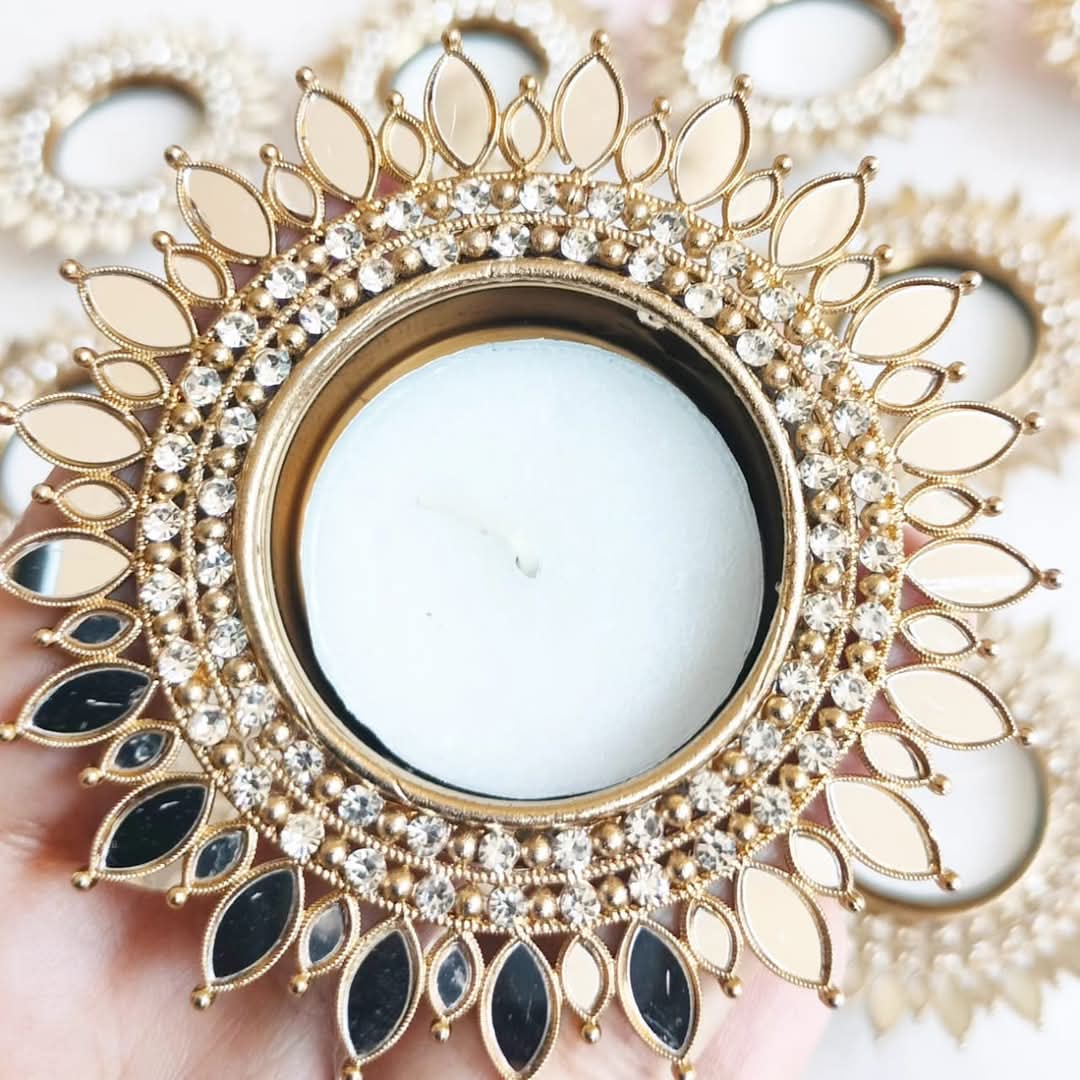 Mirror Metal Diya / T-Light Holder - Exquisite Flower Shaped Diya - Diwali or Indian Celebration Return Gift