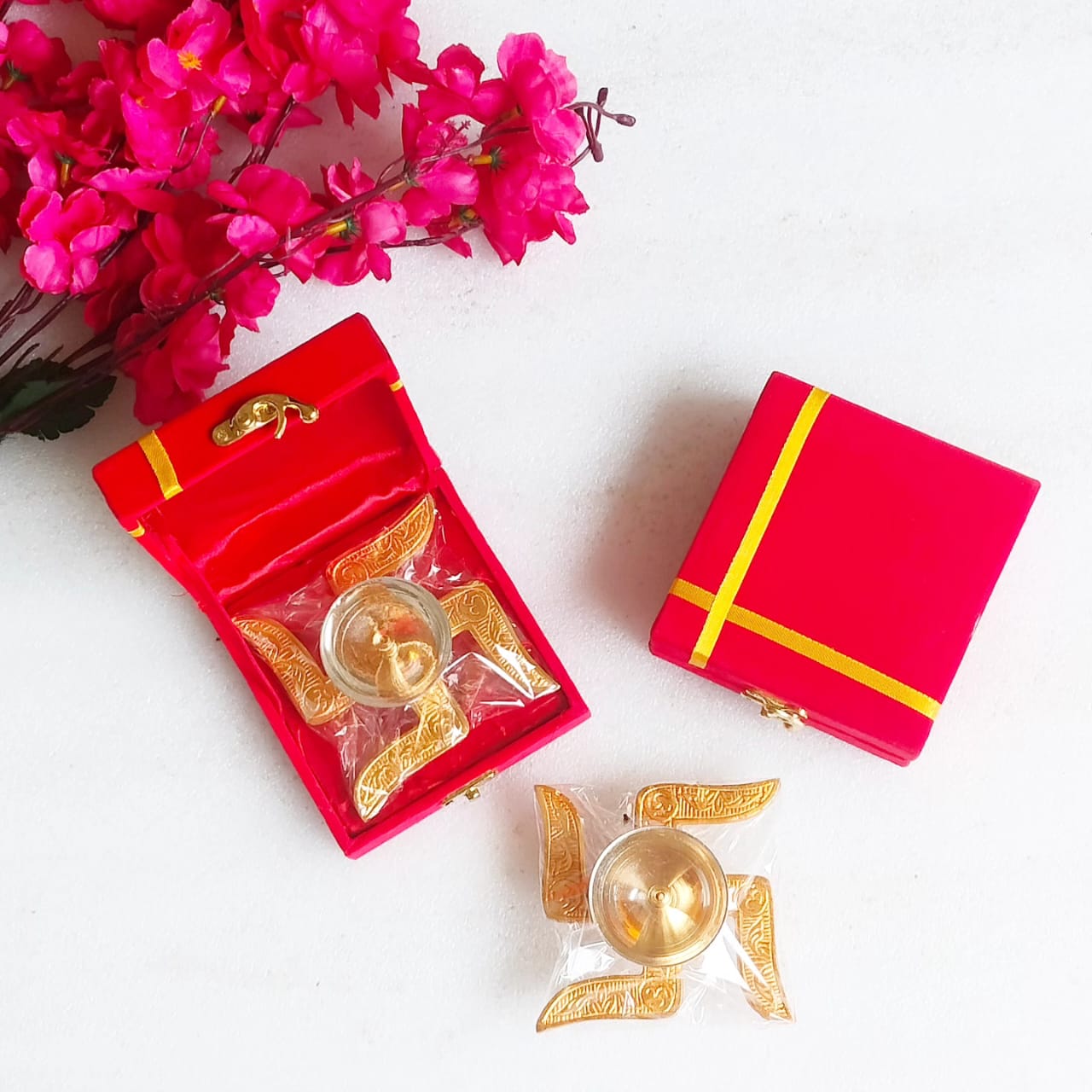 German Silver Swastik Akhand Diya in Velvet Gift Box - Perfect Housewarming or Hostess Gift