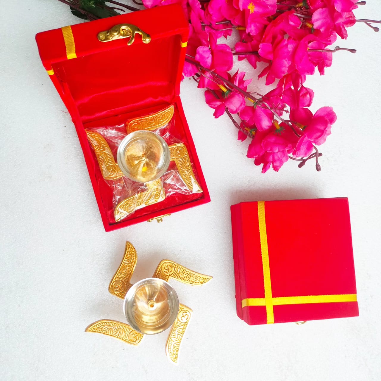 Metal Swastik Akhand Diya in Velvet Gift Box - Perfect Housewarming or Hostess Gift