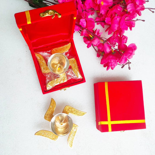 Metal Swastik Akhand Diya in Velvet Gift Box - Perfect Housewarming or Hostess Gift