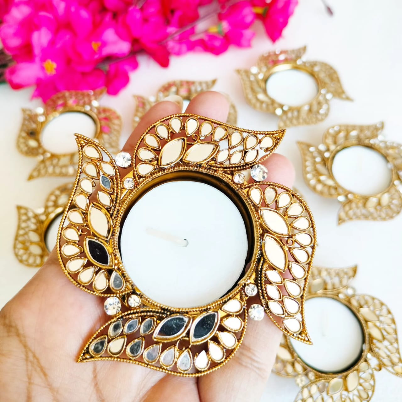 Swastik Shape Metal Diya with Mirror Work - Designer Diyas for Indian Celebrations
