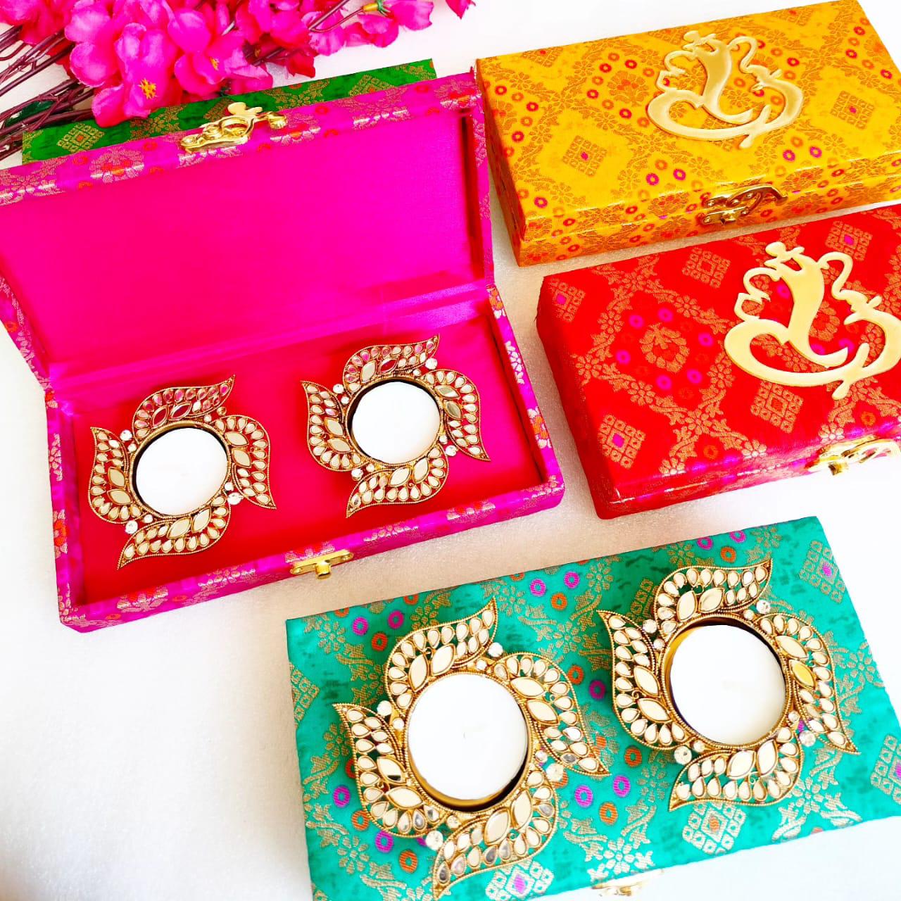 Swastik Shape Metal Diya with Mirror Work - Designer Diyas for Indian Celebrations