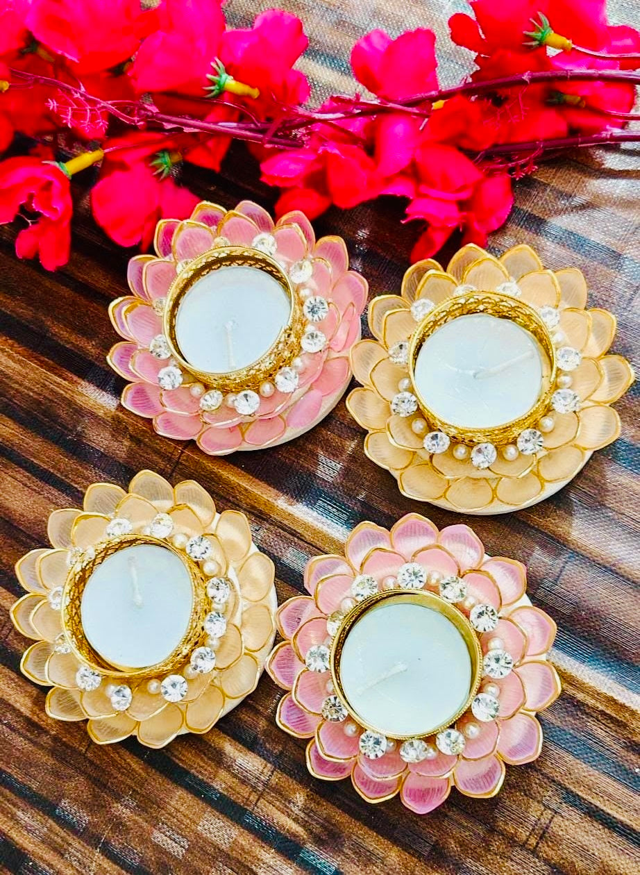 Set of 2 Dainty Acrylic Flower Shaped T-Light Holders in Pastel Colors