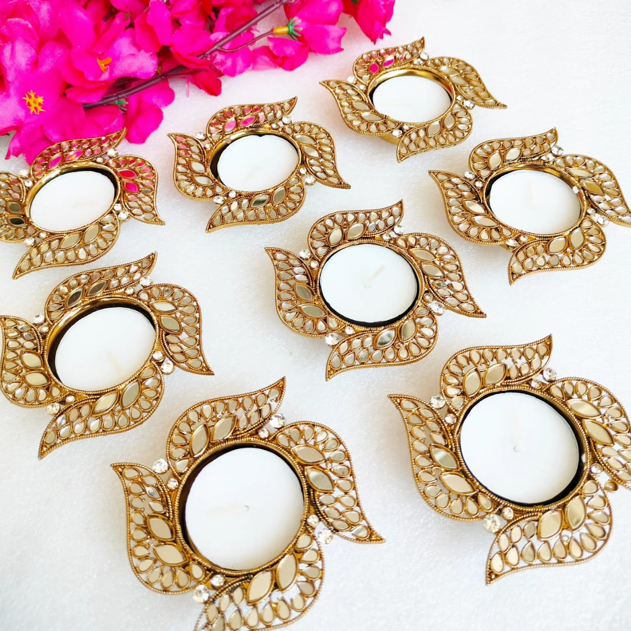 Swastik Shape Metal Diya with Mirror Work - Designer Diyas for Indian Celebrations
