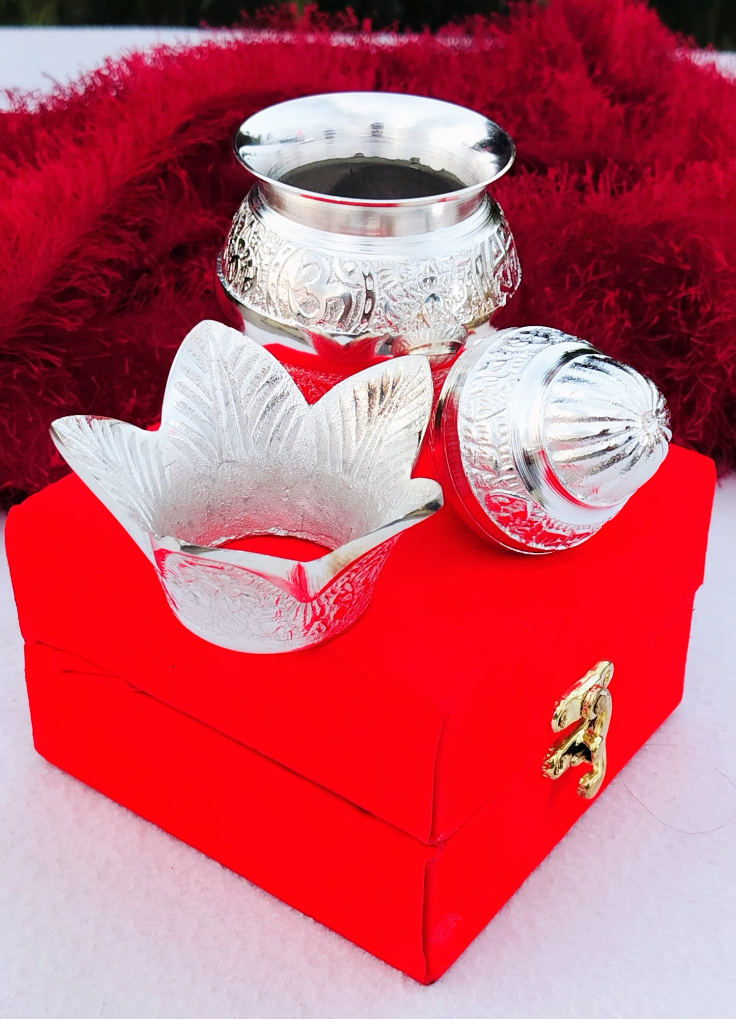 German Silver Mangal Kalash for Puja Or Housewarming Gift In Velvet Box