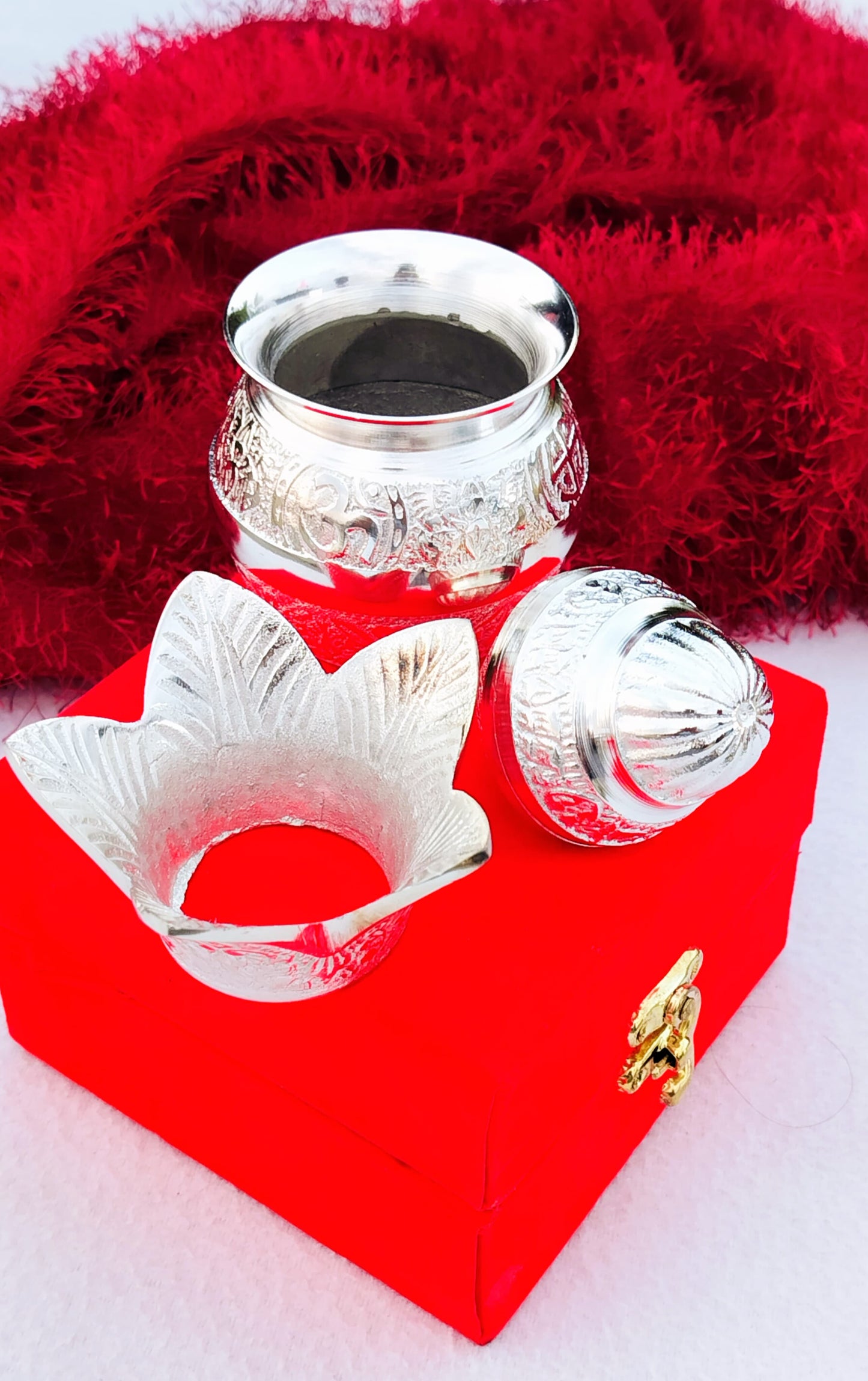 German Silver Mangal Kalash for Puja Or Housewarming Gift In Velvet Box