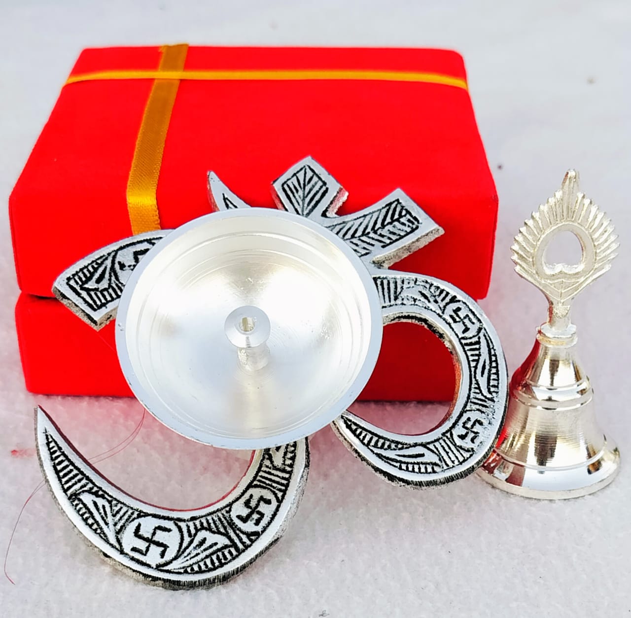 German Silver Combo of Om Diya with Bell In Velvet Box