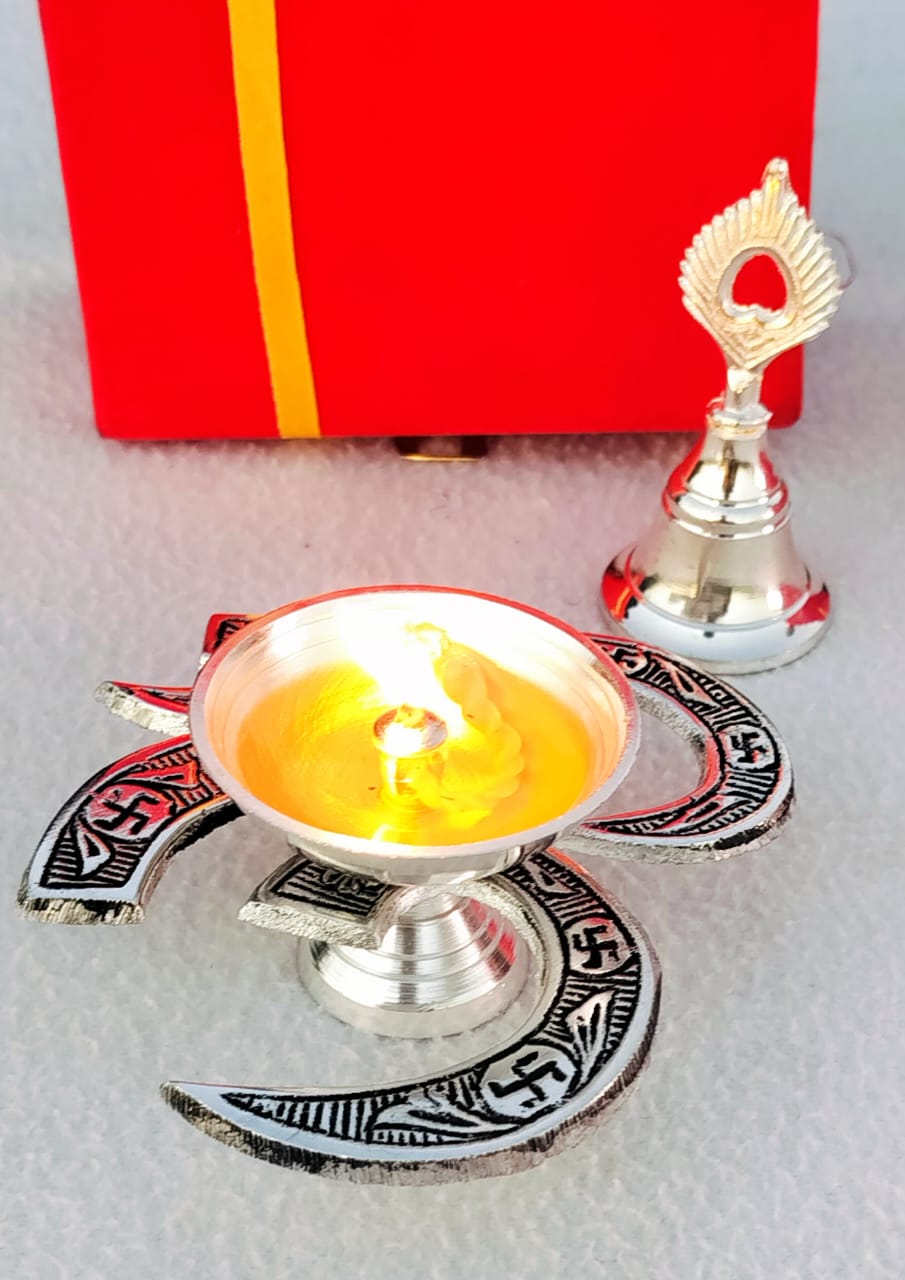 German Silver Combo of Om Diya with Bell In Velvet Box