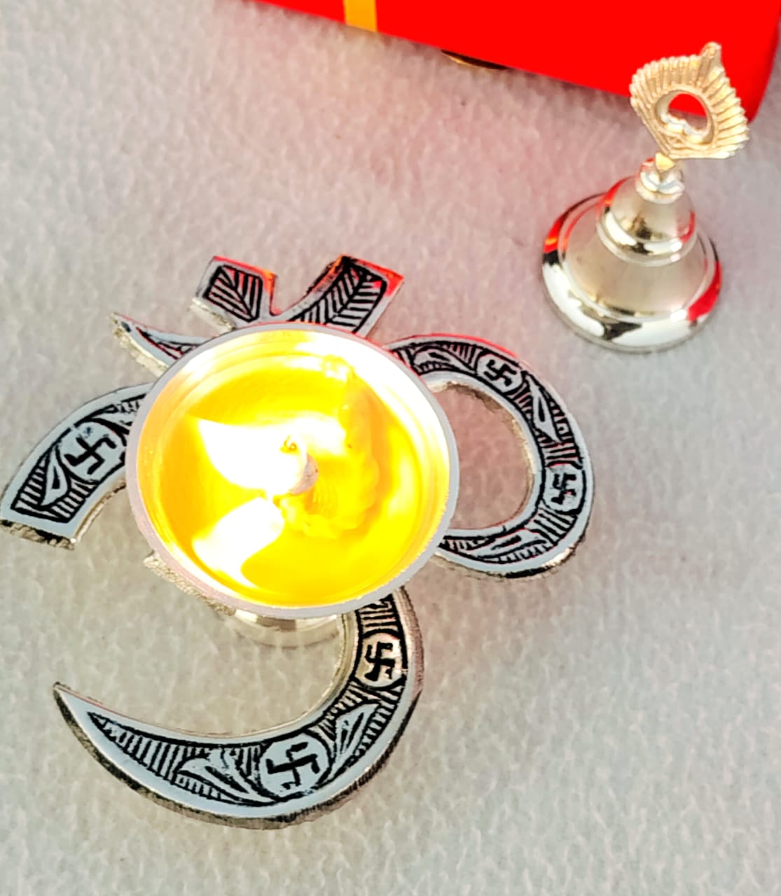 German Silver Combo of Om Diya with Bell In Velvet Box