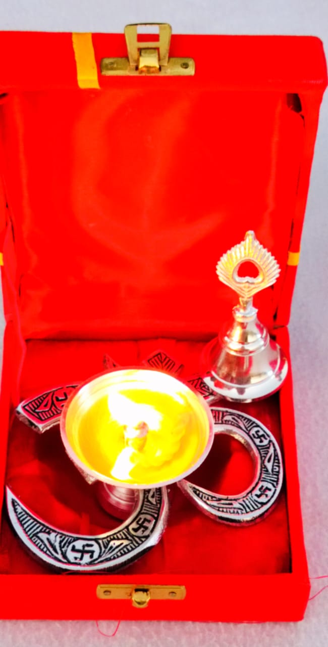 German Silver Combo of Om Diya with Bell In Velvet Box