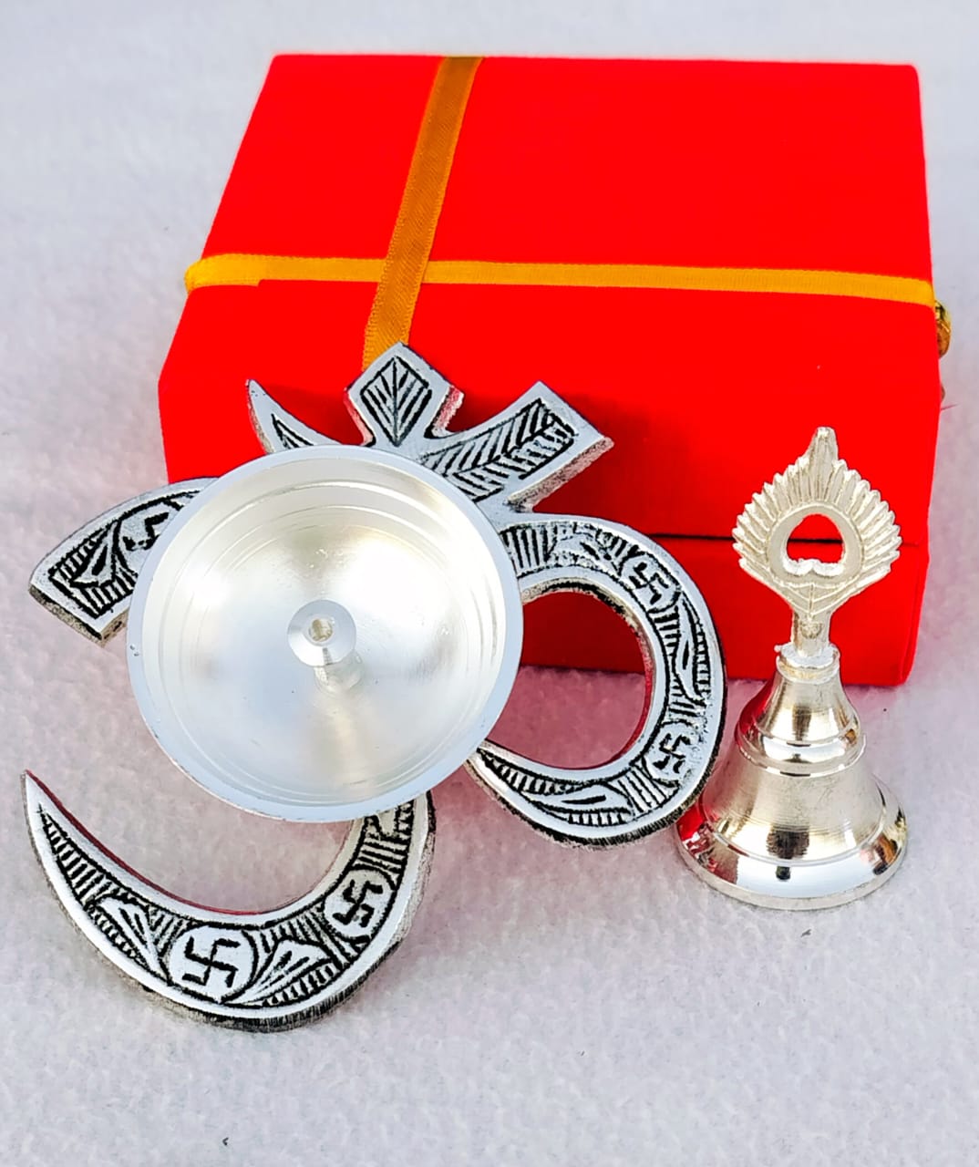 German Silver Combo of Om Diya with Bell In Velvet Box