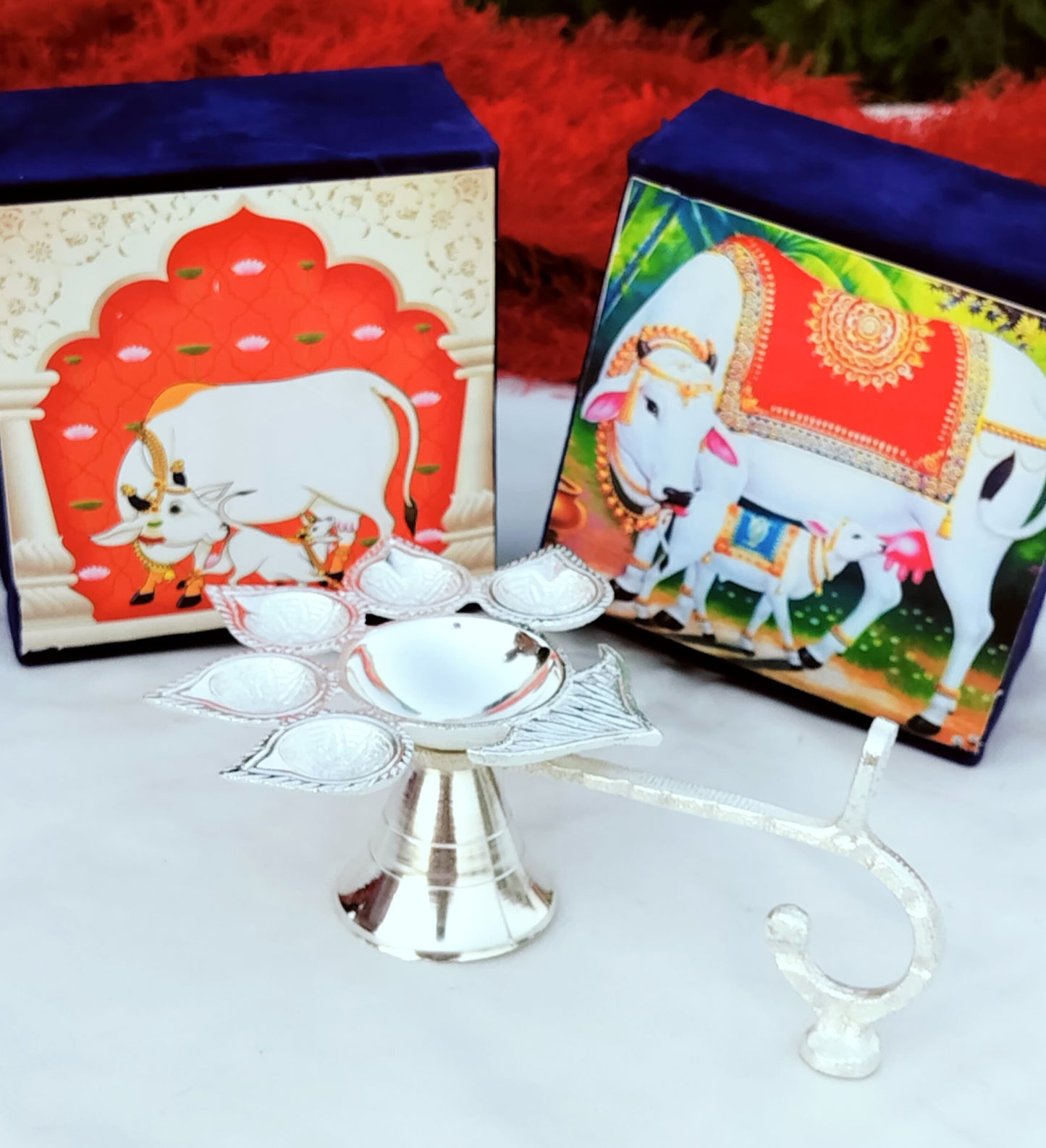 German Silver Panch Aarati Diya for Puja In Velvet Box