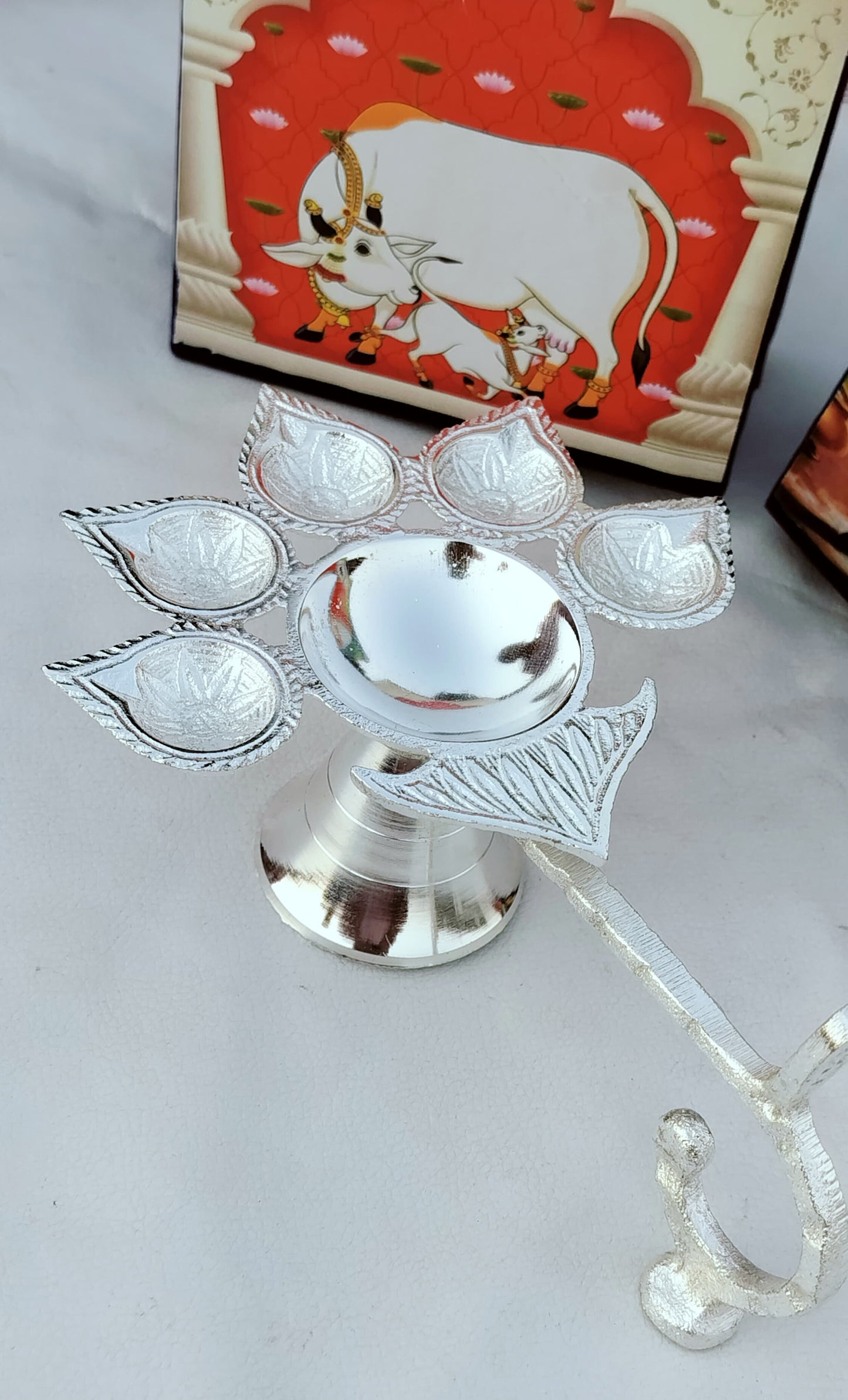 German Silver Panch Aarati Diya for Puja In Velvet Box
