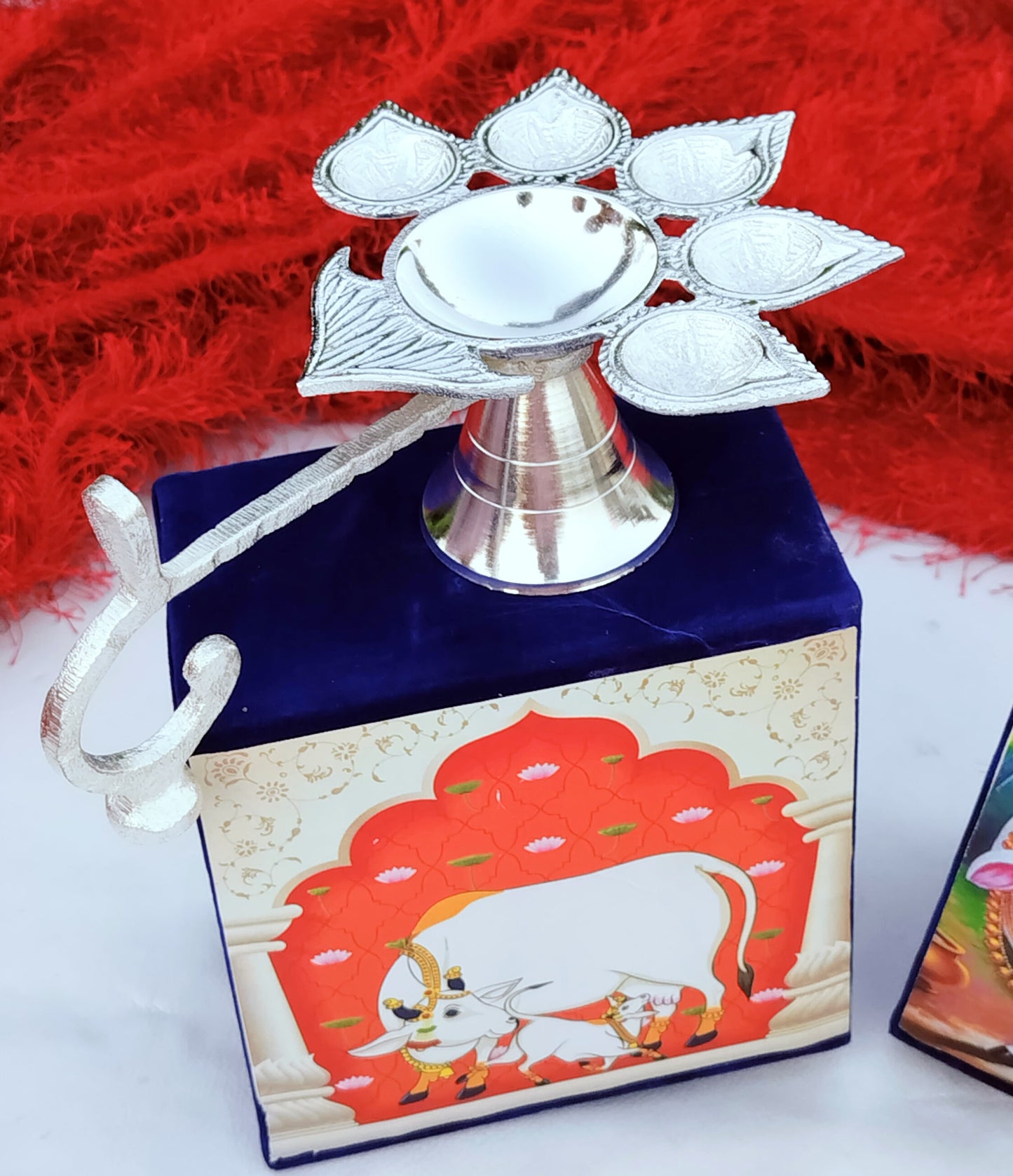 German Silver Panch Aarati Diya for Puja In Velvet Box