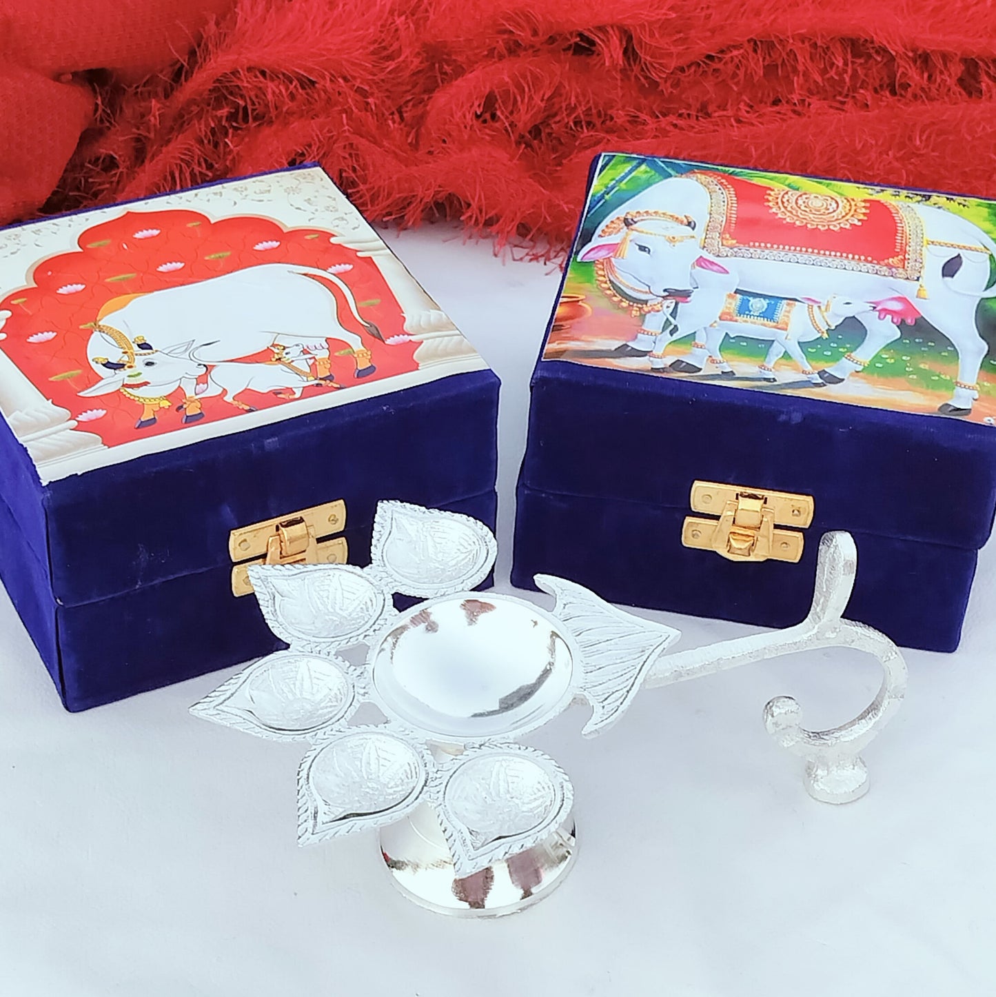 German Silver Panch Aarati Diya for Puja In Velvet Box