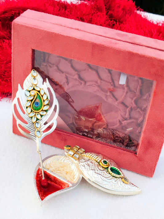 German Silver Combo of Koyari Haldi Kumkum Dani with Peacock Feather Stick In Velvet Box