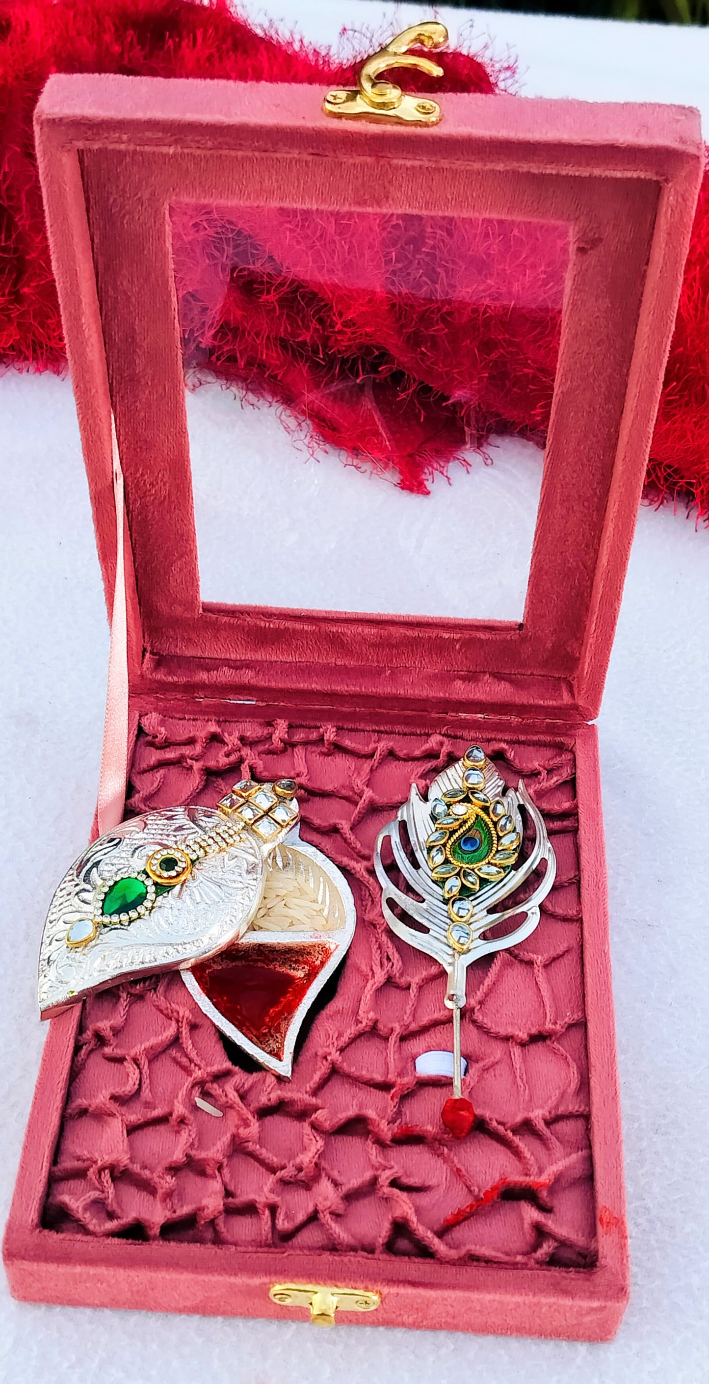 German Silver Combo of Koyari Haldi Kumkum Dani with Peacock Feather Stick In Velvet Box