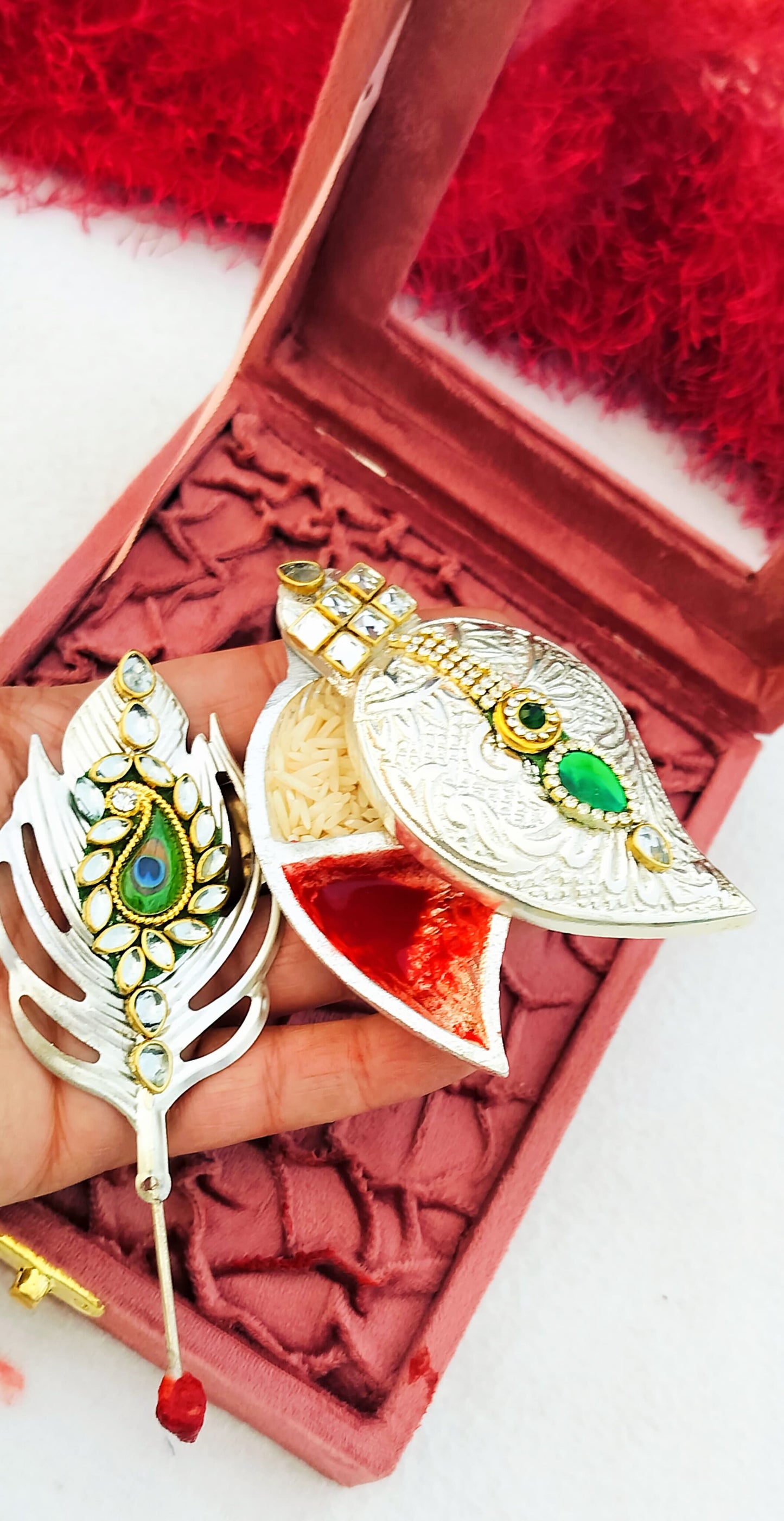 German Silver Combo of Koyari Haldi Kumkum Dani with Peacock Feather Stick In Velvet Box