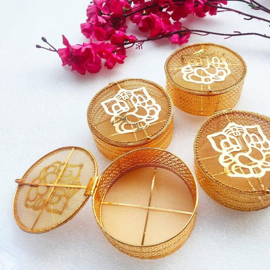 Round Golden Metal Ganesha Gift Boxes - Perfect To Pack Small Gifts Like Diya, Jewelry