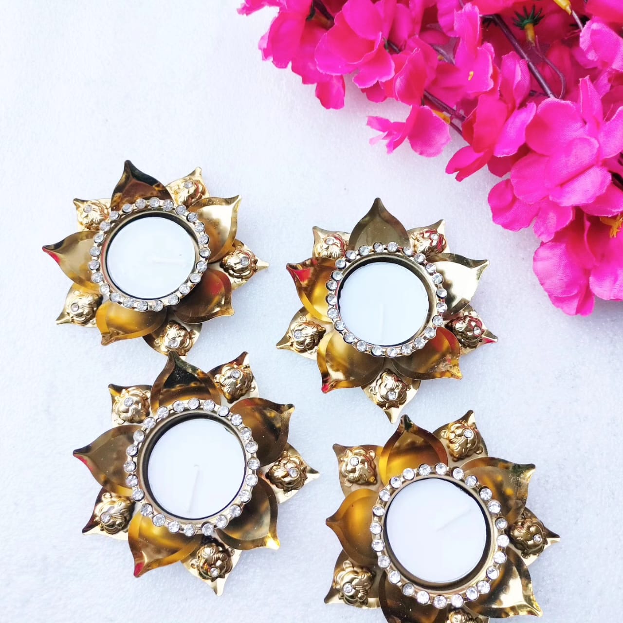 Metal Lotus Diya/T- Light. Holders with Ganesha Set of 2 - Beautiful Return Gifts for Any Occasion - Diwali Gifts
