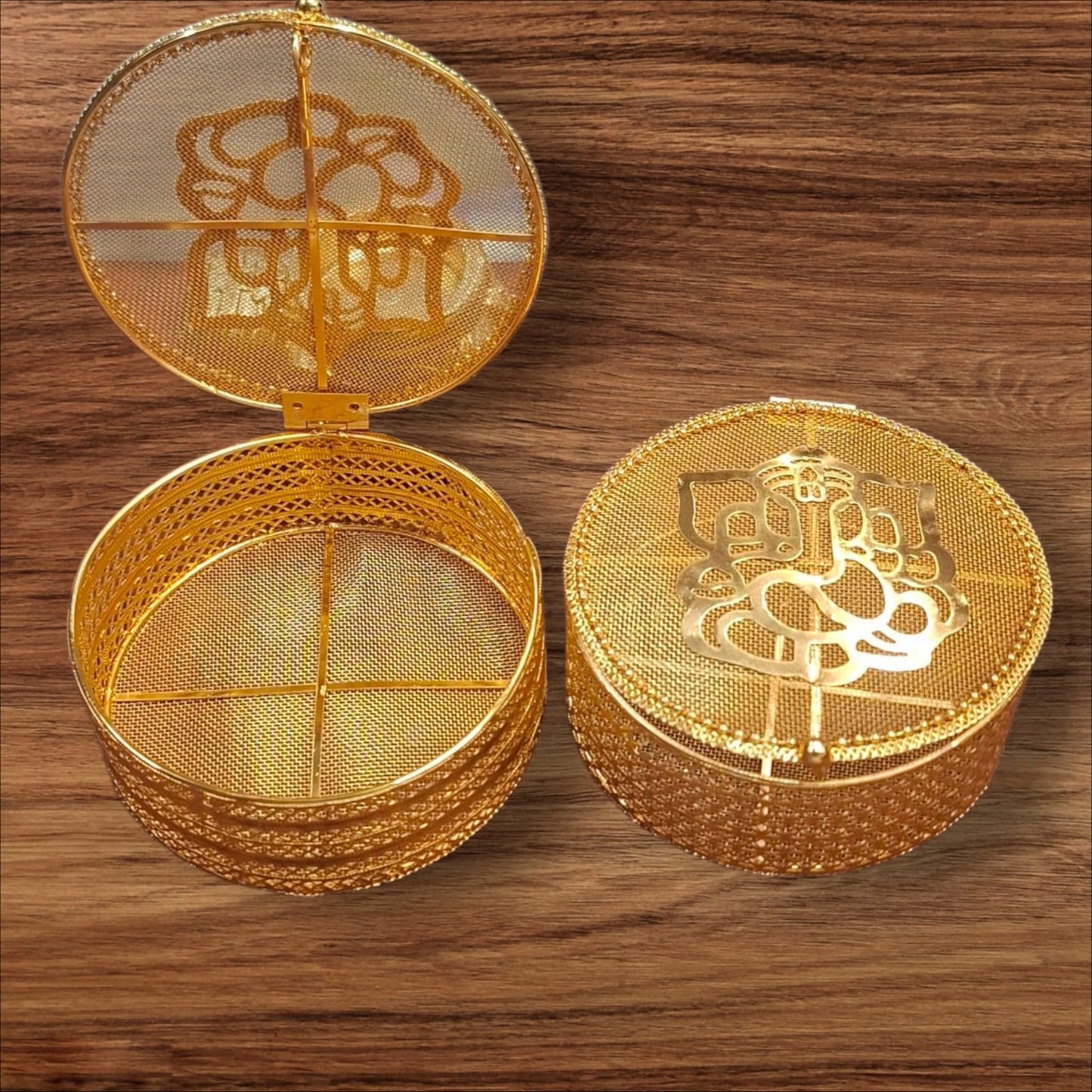 Round Golden Metal Ganesha Gift Boxes - Perfect To Pack Small Gifts Like Diya, Jewelry