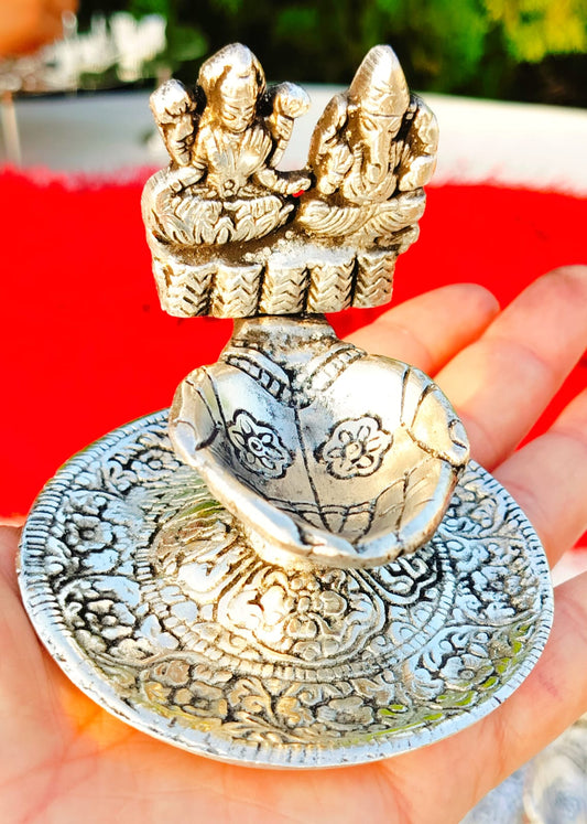 Antique Finish German Silver Laxmi Ganesh Diya