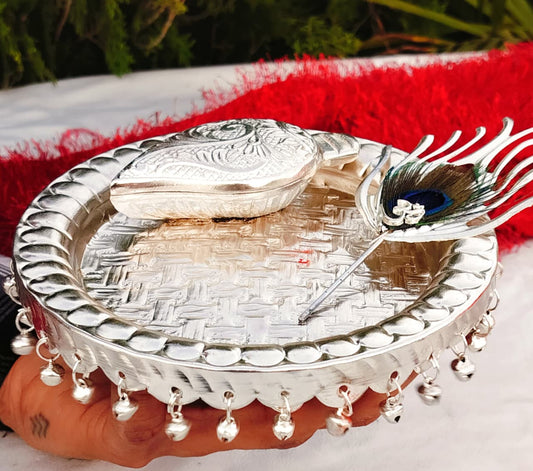 German Silver Ghungru Aarti Thali Set with Om Tika Stick
