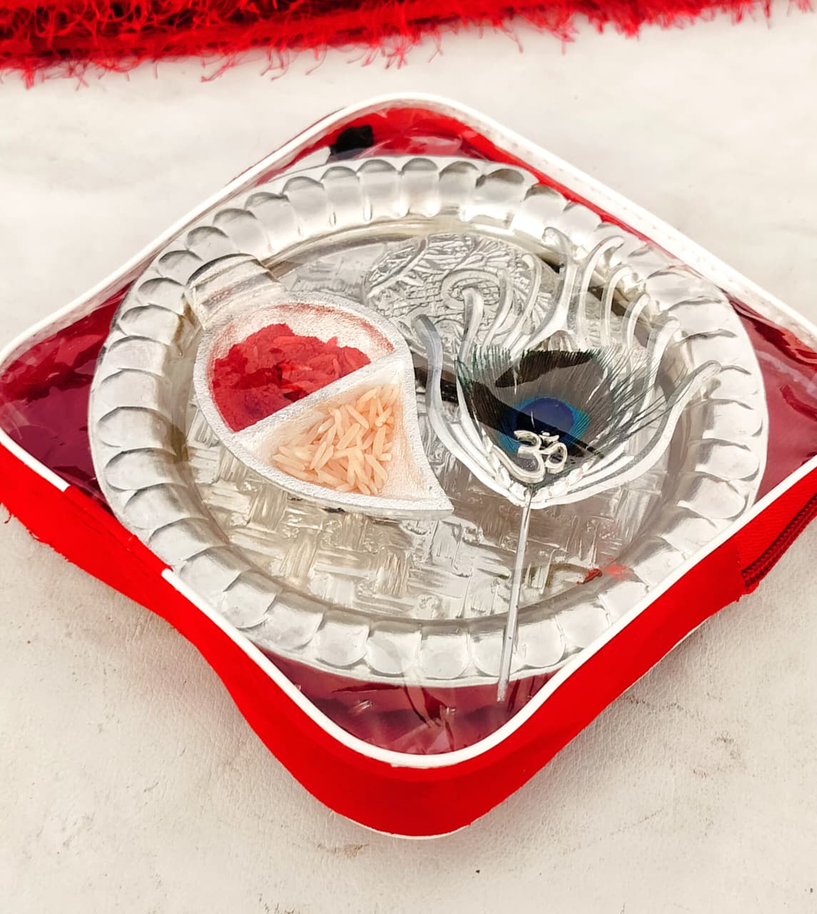 German Silver Ghungru Aarti Thali Set with Om Tika Stick
