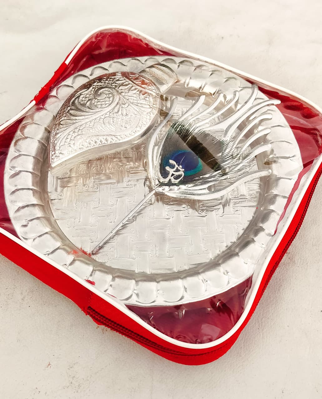 German Silver Ghungru Aarti Thali Set with Om Tika Stick