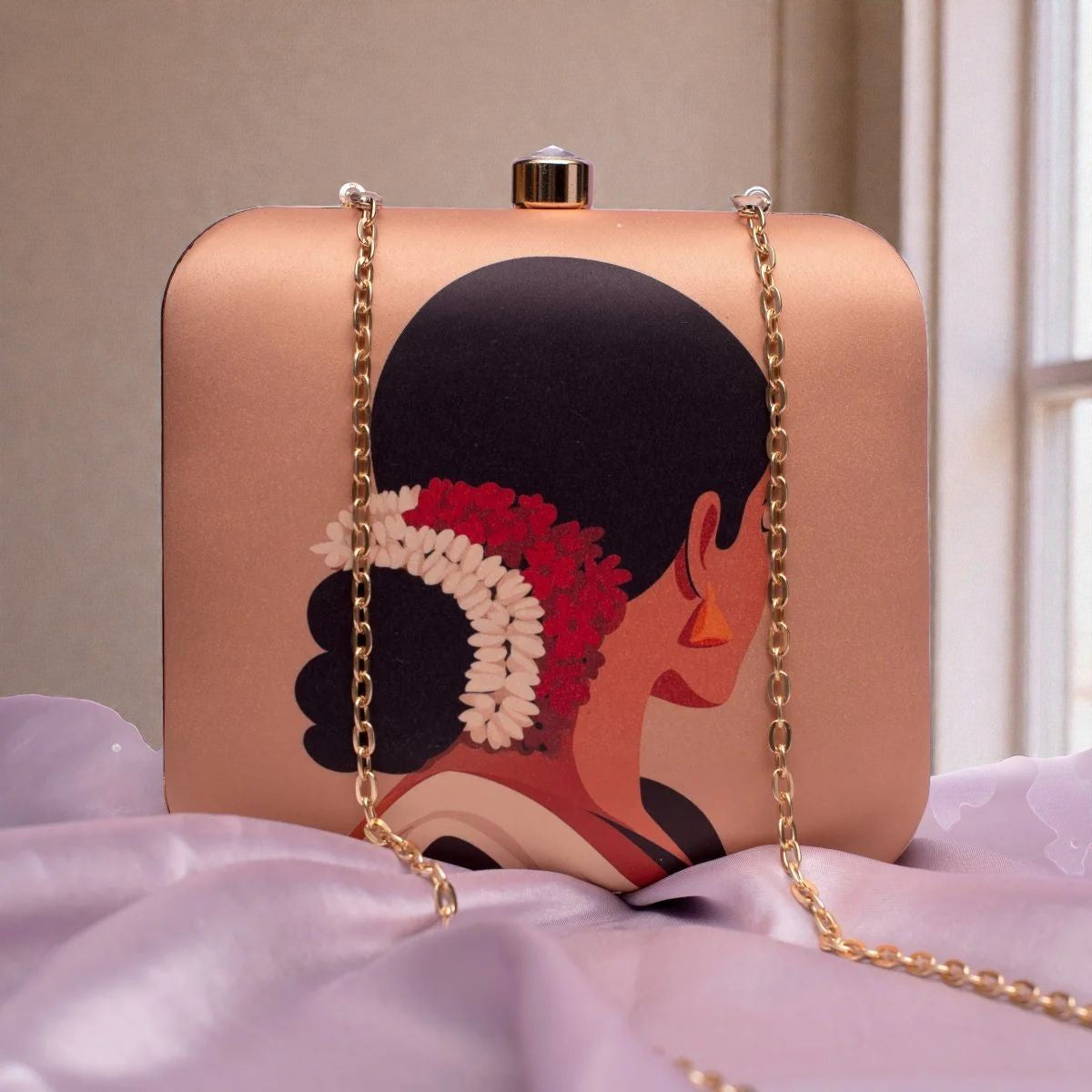 Elegant Clutch with Women Portrait Wearing white Jasmin Gajra Bun & Roses