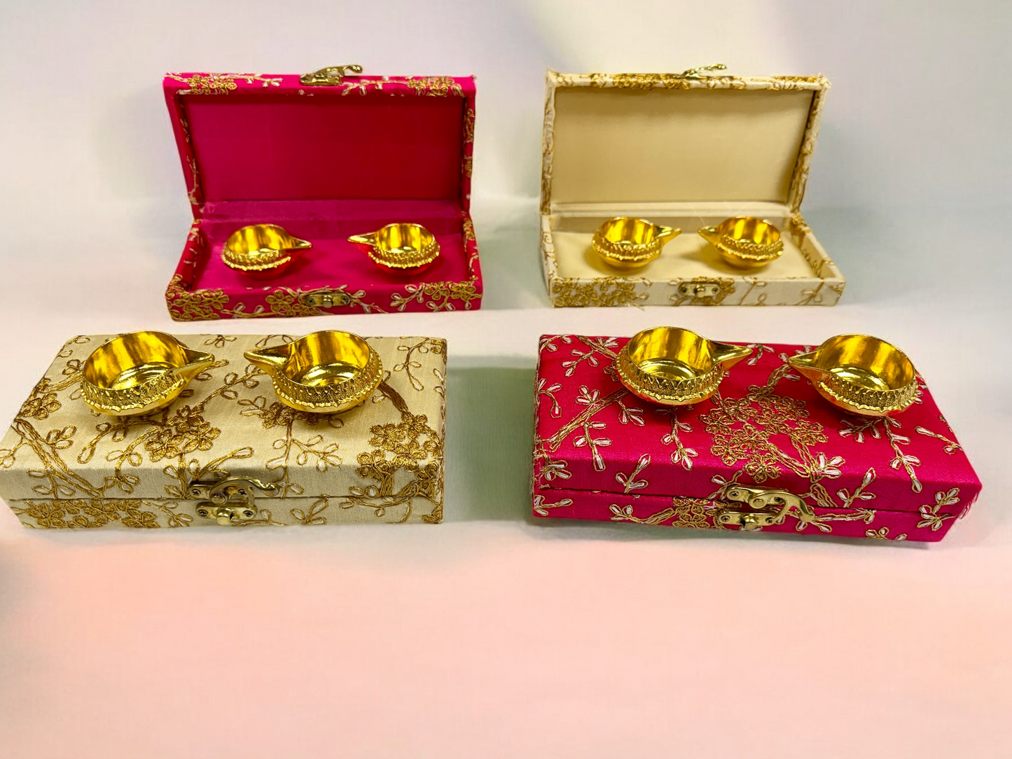 Ready-to gift Combo Set includes Two Metal Kuber Diyas with Rectangle Embroidered Gift Box set of 4 for Diwali or Indian Festivals or Occasions as Return Gift