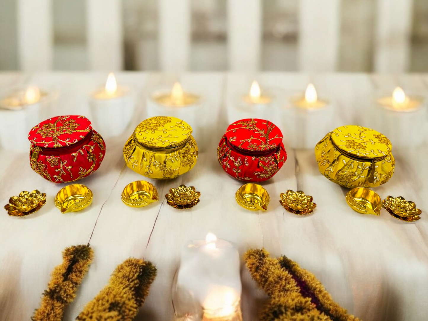 Ready-to gift Combo Set includes Metal Kuber Diya, Incense Stick Holder with Mataki Shape Embroidered Gift Box Set of 4 for Diwali or Indian Festivals or Occasions as Return Gift