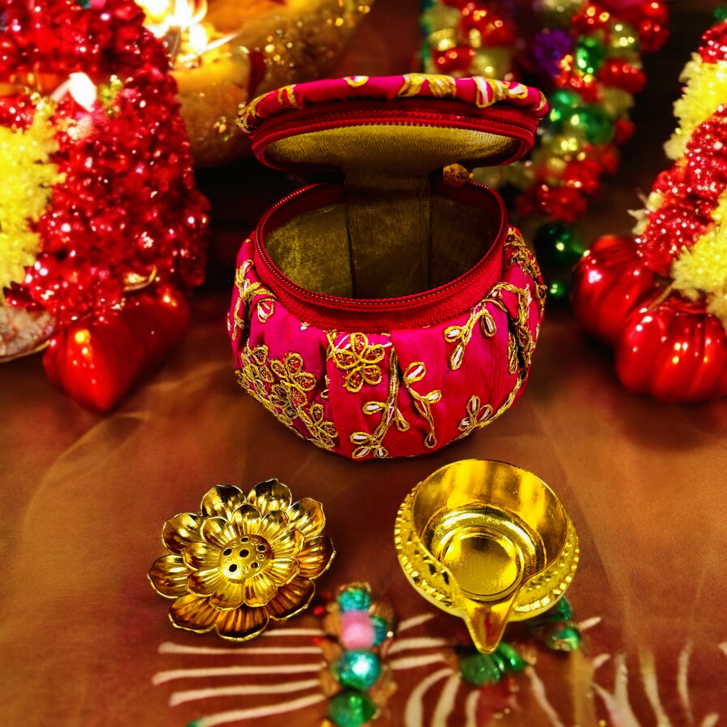 Ready-to gift Combo Set includes Metal Kuber Diya, Incense Stick Holder with Mataki Shape Embroidered Gift Box Set of 4 for Diwali or Indian Festivals or Occasions as Return Gift