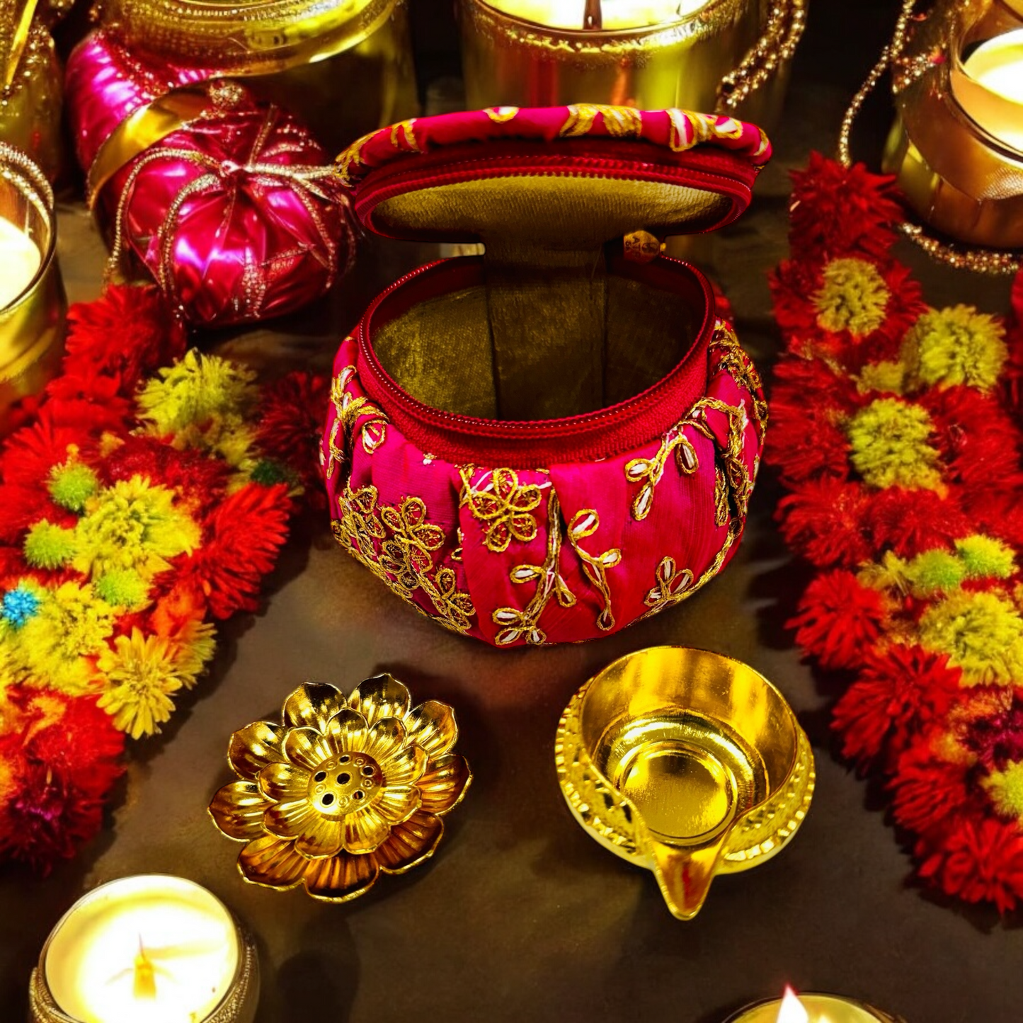 Ready-to gift Combo Set includes Metal Kuber Diya, Incense Stick Holder with Mataki Shape Embroidered Gift Box Set of 4 for Diwali or Indian Festivals or Occasions as Return Gift