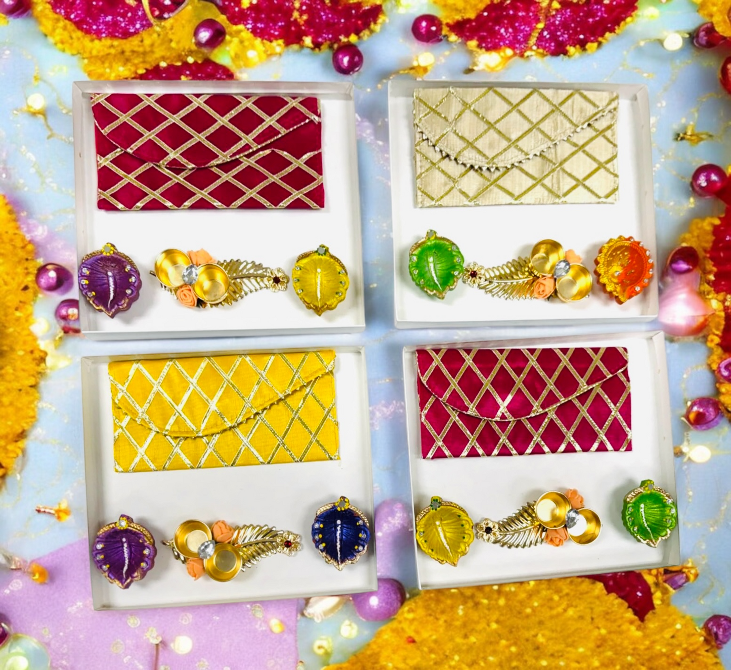 Ready-to-gift Combo includes Beautiful Pouch or Lifafa, Two Clay Handpainted Diya's & Golden Feather Haldi-Kumkum Plate with Gift Box- Set of 4 for Diwali or Indian Festivals or Occasions as Return Gift