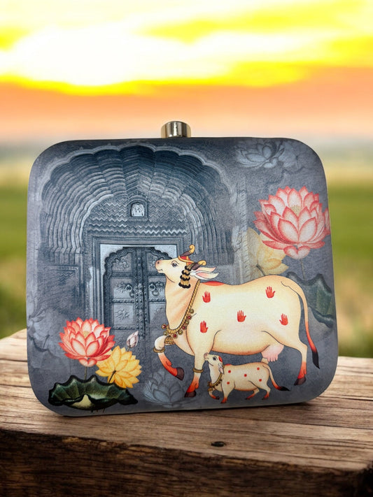 Exclusive Box Clutch with Pichwai & Calf Print