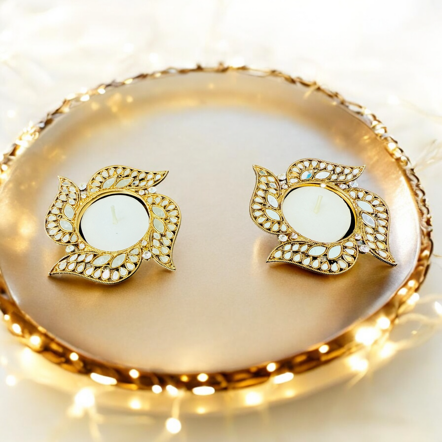 Swastik Shape Metal Diya with Mirror Work - Designer Diyas for Indian Celebrations