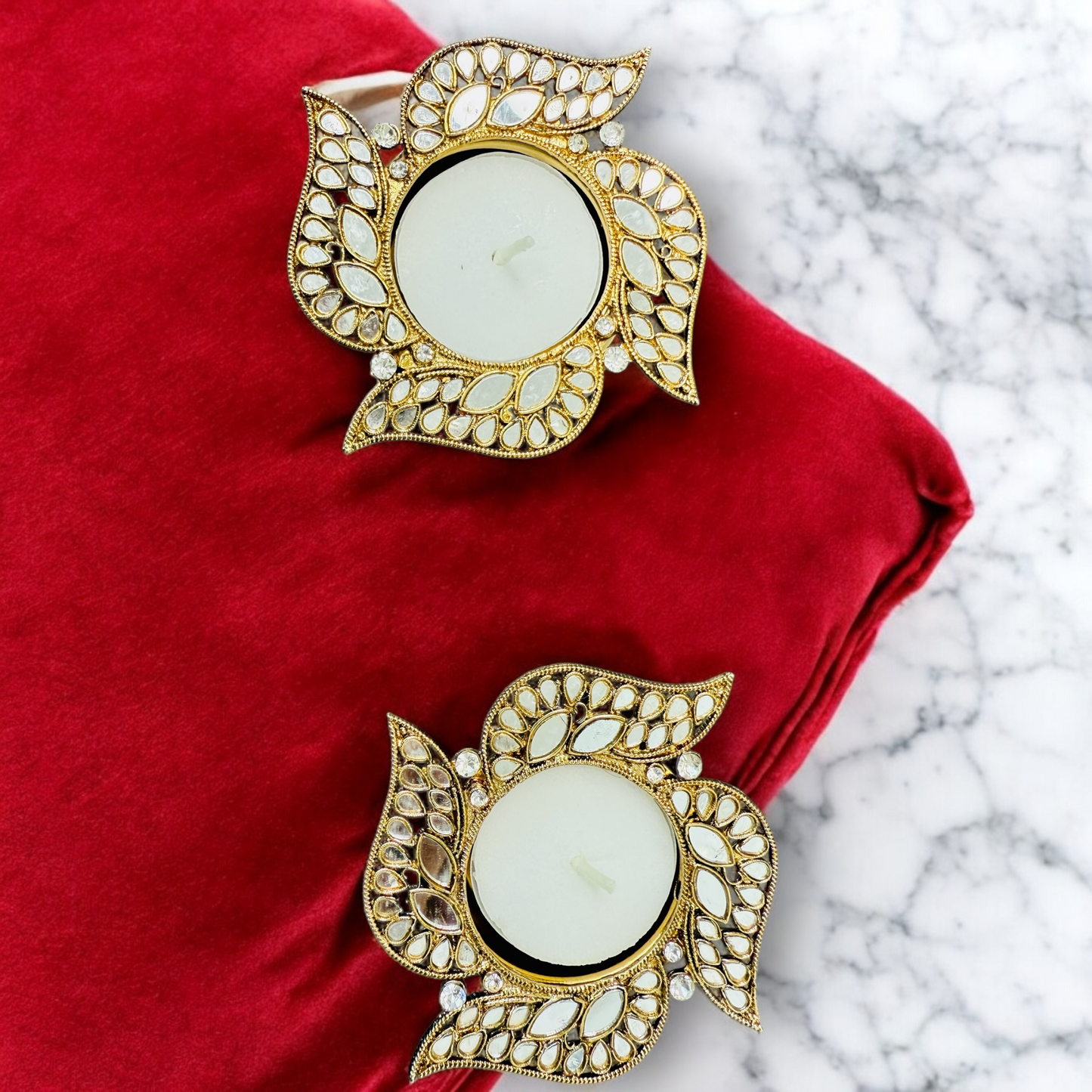 Swastik Shape Metal Diya with Mirror Work - Designer Diyas for Indian Celebrations