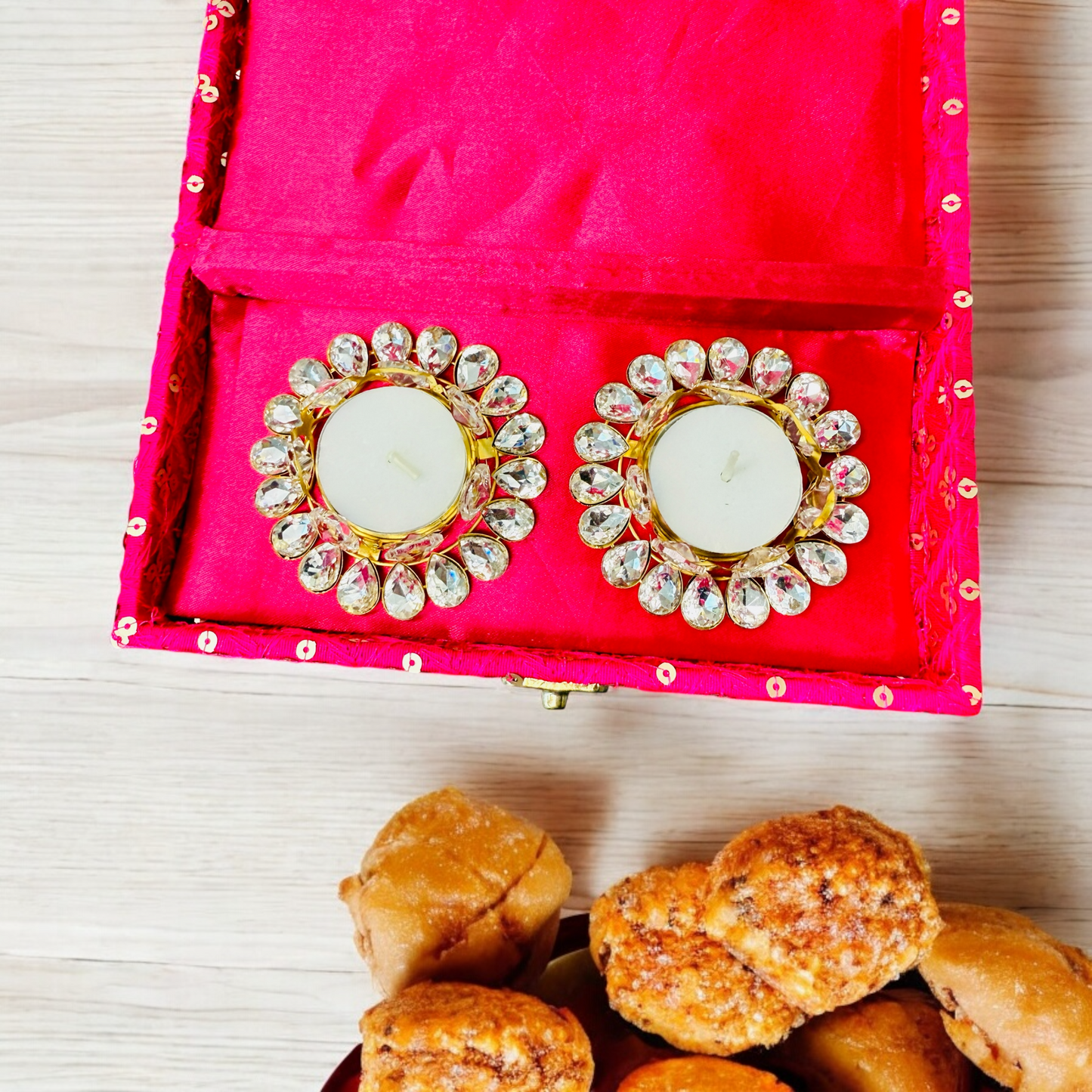 Set of 2 Kundan Diyas with Fabric Box