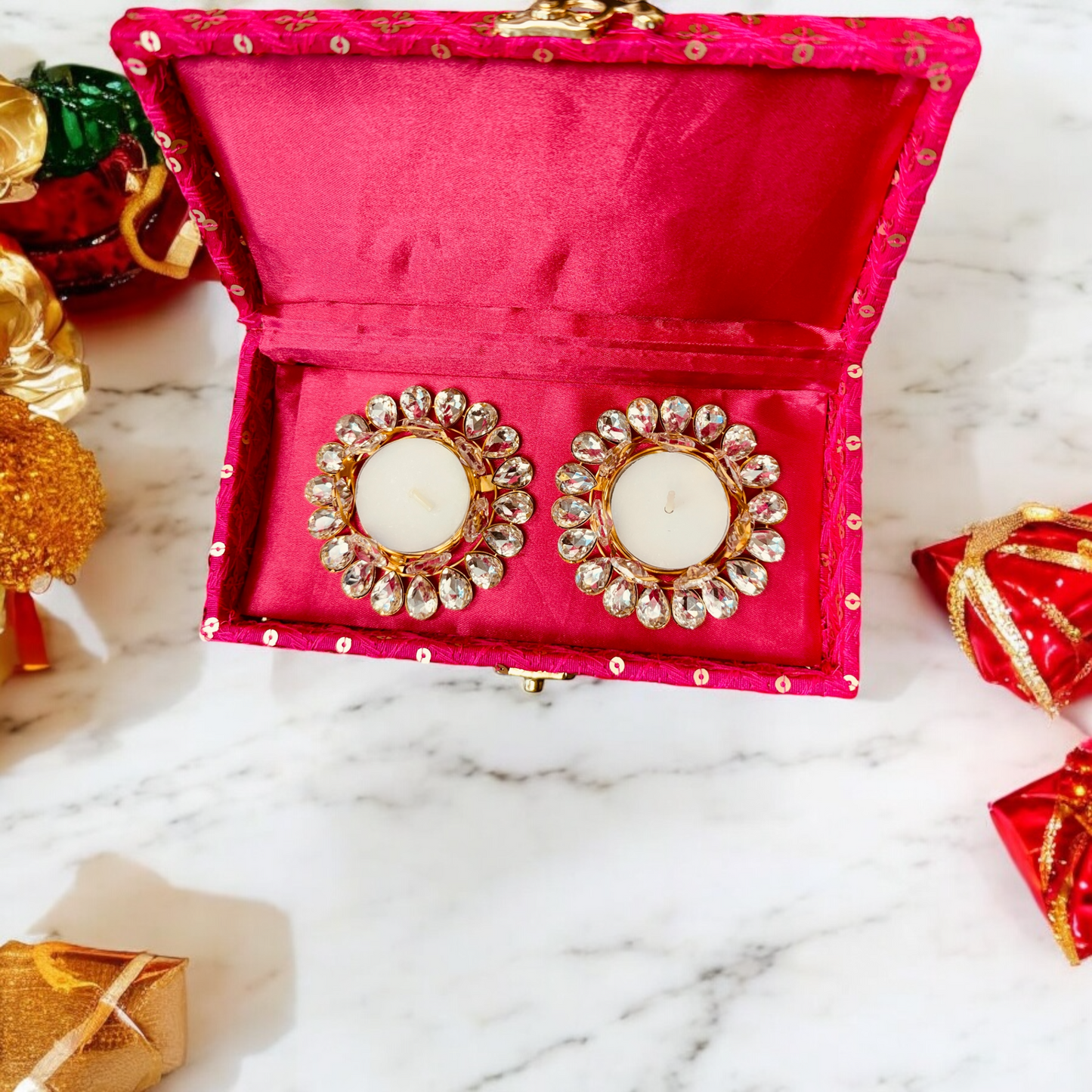 Set of 2 Kundan Diyas with Fabric Box