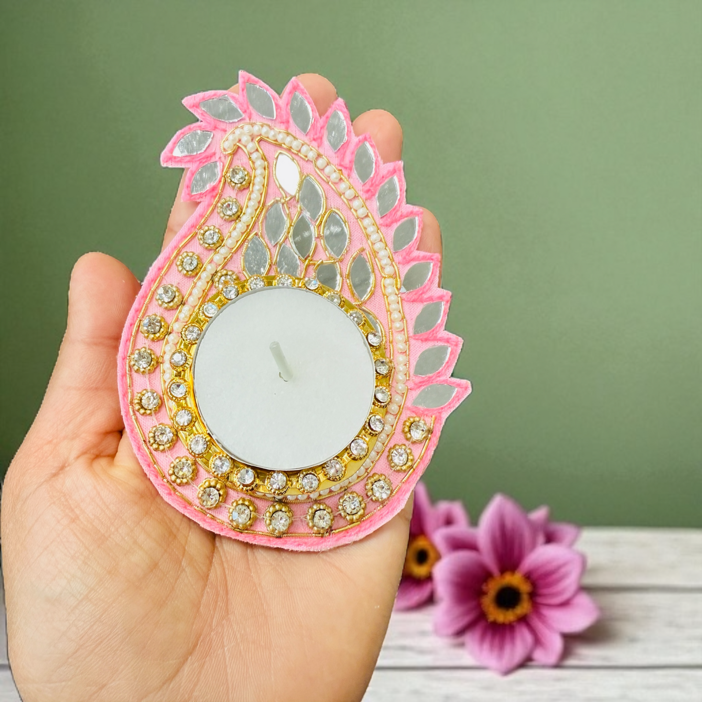 Koyari Shaped T-Light Holder with Mirrorwork - Set of 3