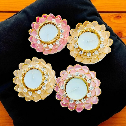 Set of 2 Dainty Acrylic Flower Shaped T-Light Holders in Pastel Colors
