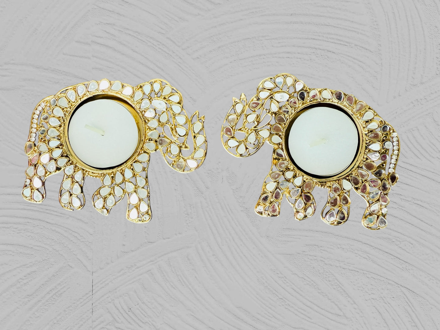 Set of 2 Elephant Shaped Metal T-Light Holder with Mirror Work