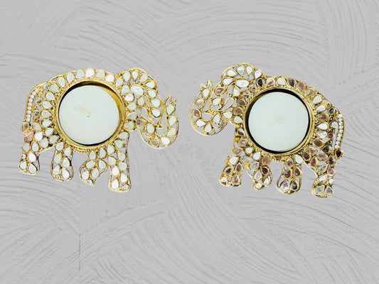 Set of 2 Elephant Shaped Metal T-Light Holder with Mirror Work