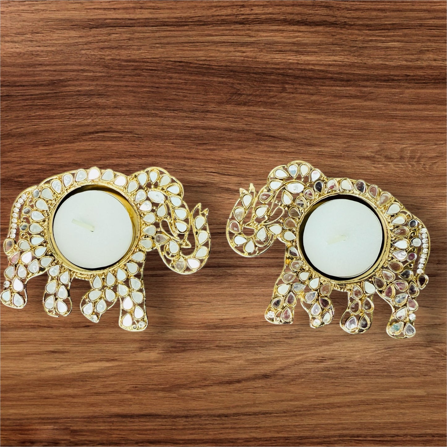 Set of 2 Elephant Shaped Metal T-Light Holder with Mirror Work