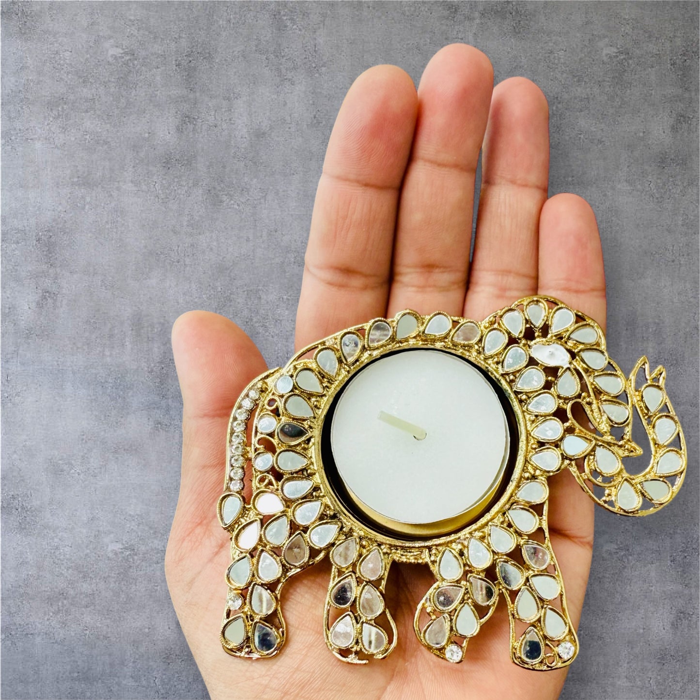 Set of 2 Elephant Shaped Metal T-Light Holder with Mirror Work