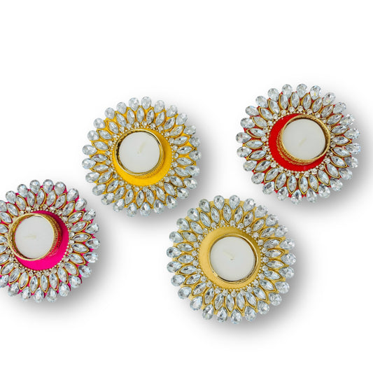 Set of 4 Kundan T-Light Holders - Affordable Return Gift for Housewarming/Diwali