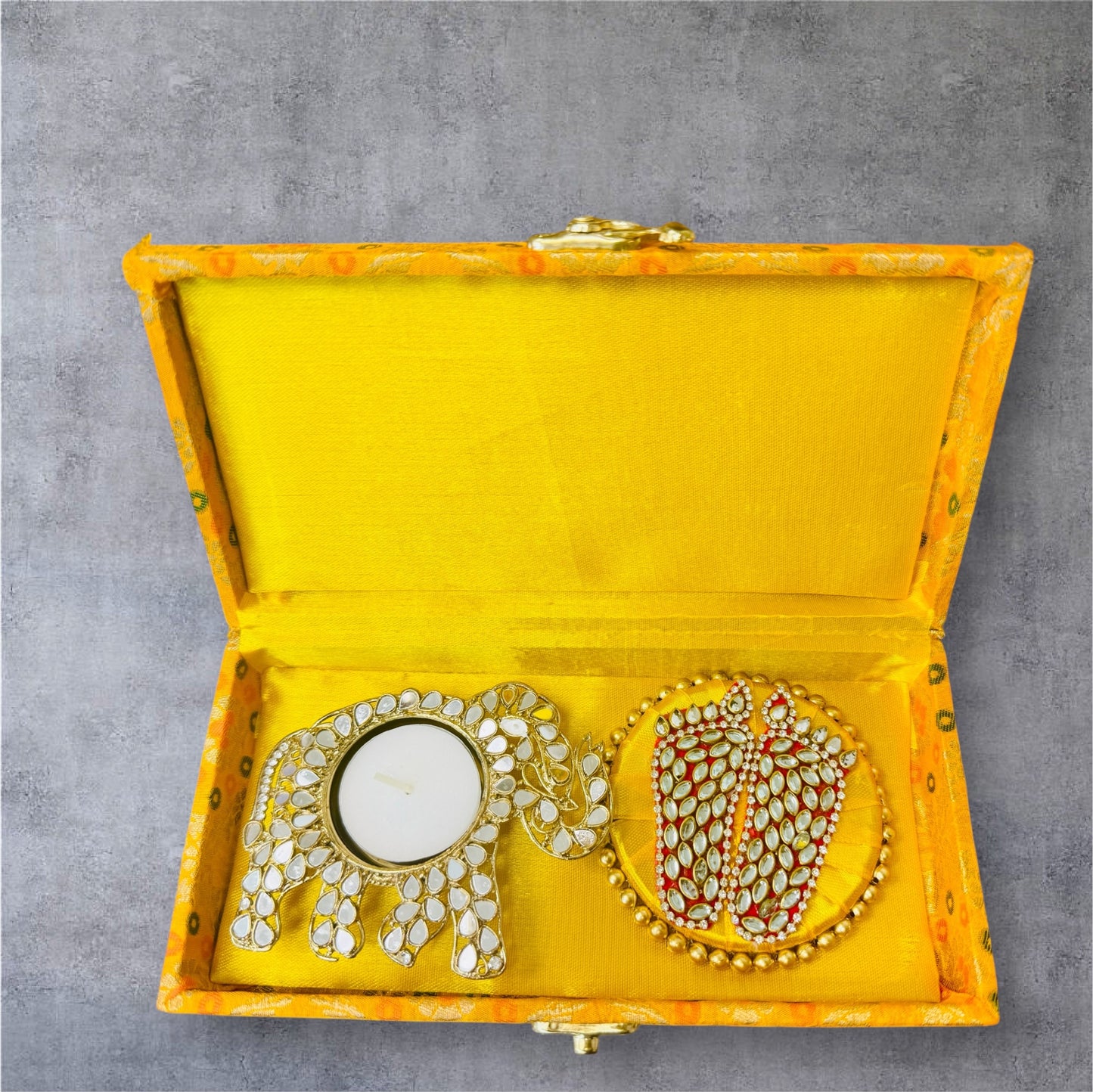 Gift Combo - Elephant Shaped T-Light Holder with Laxmi Charan in Brocade Box