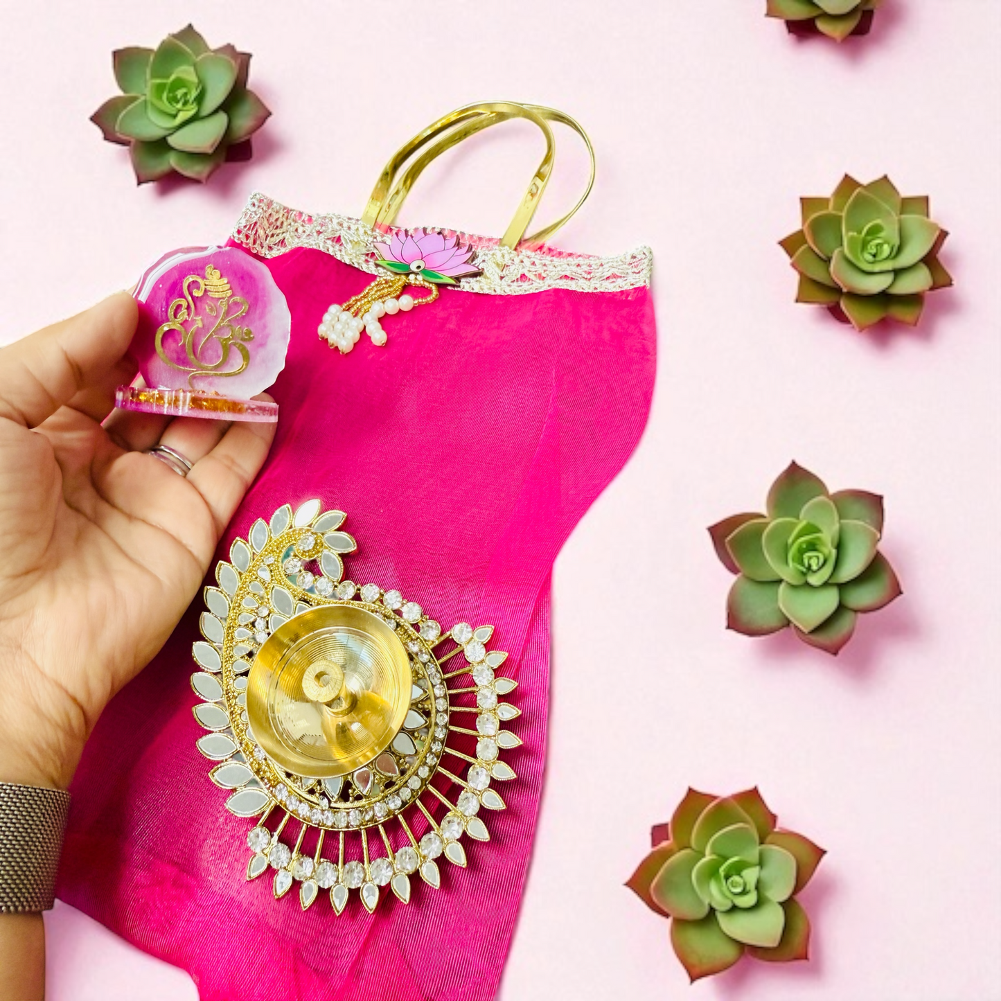 Combo of Diya, Resin Ganesha & Bag - Perfect Giveaway for Wedding, Mehendi, Karwachauth