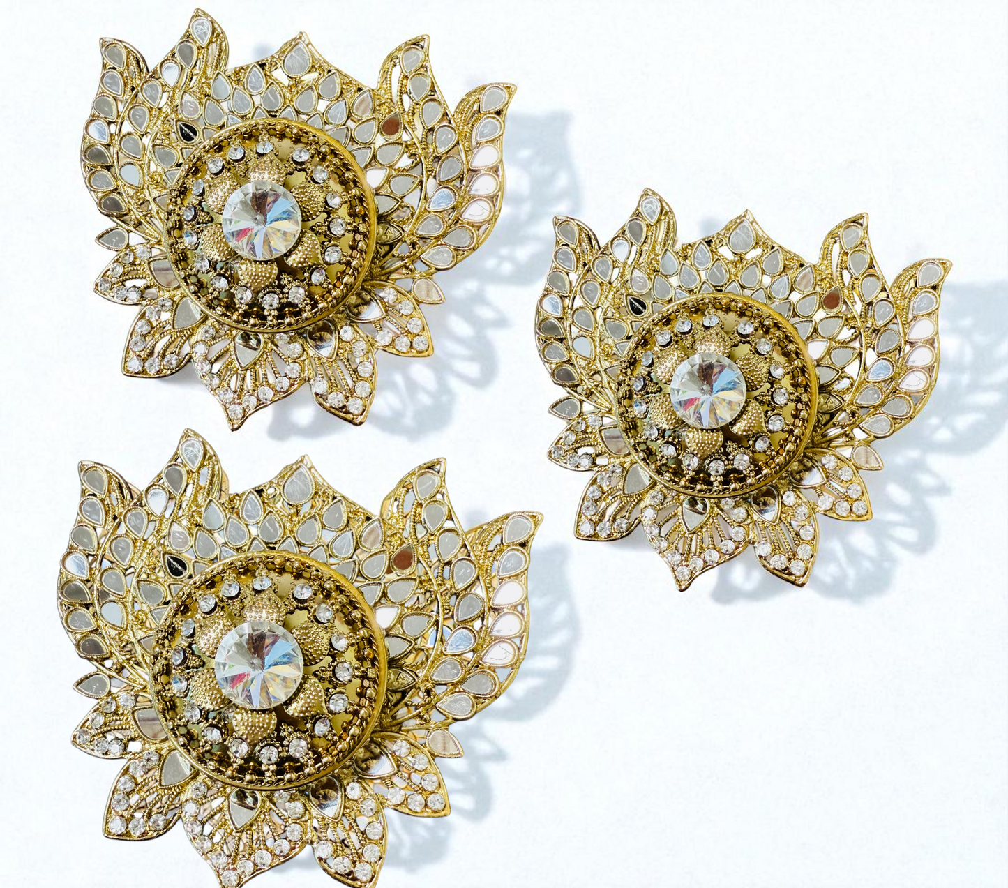 Handmade Designer Lotus Shaped Kundan Dibbies/Sindoor Daani/Trinket Box - Set of 3